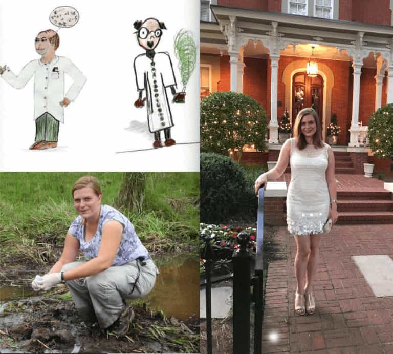 A collage of a cartoon scientist and 2 women scientist.