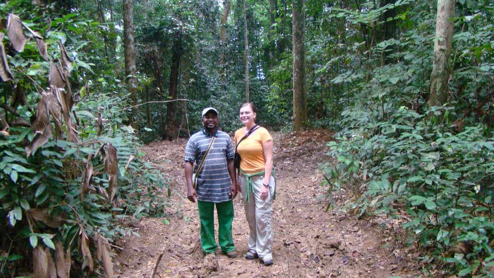 Me with a field assistant on the way to visit Langoué Bai.