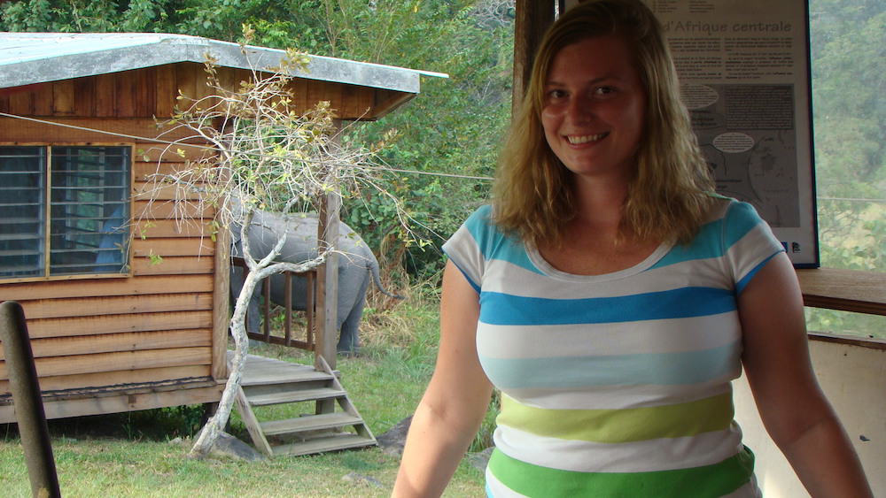 Me with Billy in the background. He was only one of two elephants that would visit the field station during the day.