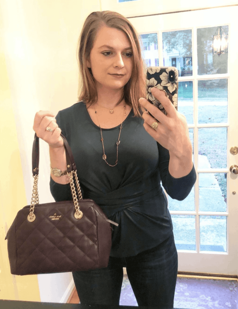One of my favorite holiday tips is buying secondhand. Consignment handbags are a great gift option. I got both of my Kate Spade purses from the Real Real. This top is from the sustainable fashion company Amour Vert.