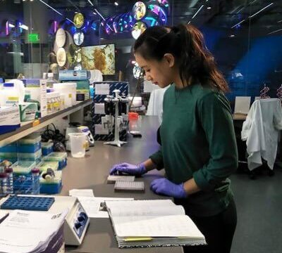 Hannah Som working in the genomics lab at the North Carolina Museum of Natural Sciences.