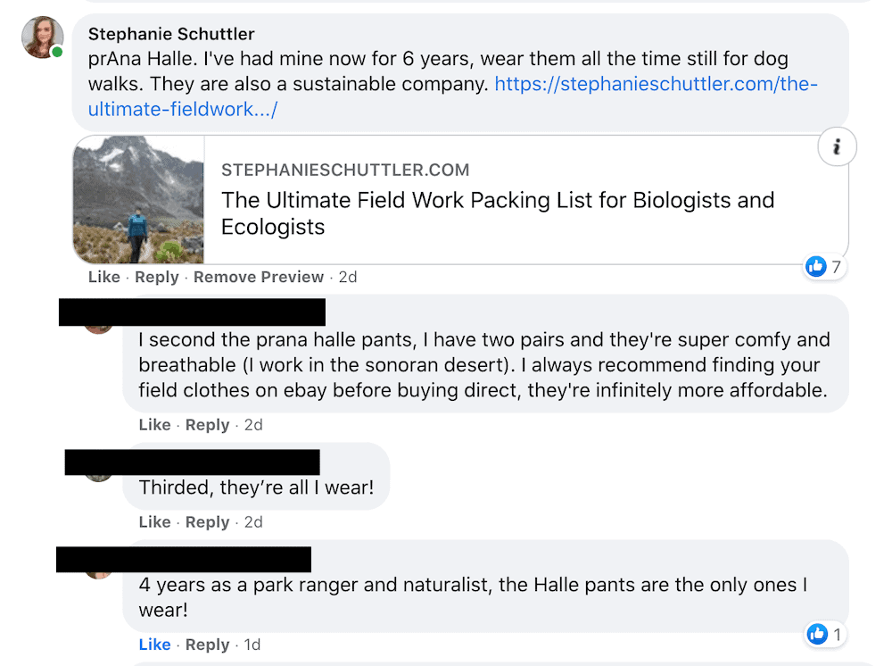 I'm not the only one! Other outdoor professionals love prAna's Halle pants. Check out these responses on my post in a Facebook career group. 