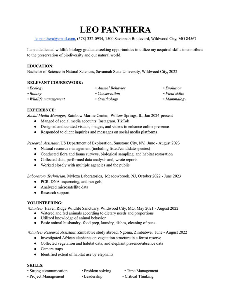 Example of a bad resume for wildlife careers